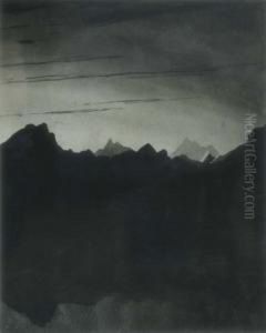Ink And Wash Lake And Mountains After Sunset 9 X 7.25in by Thomas Danby