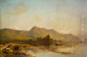 A Lake Scene With Figures In A Boat