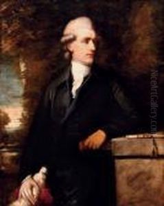Portrait Of George Augustus 
Frederick Lake, Standing Three-quarter-length In A Black Coat And White 
Stock, His Left Arm Resting On A Stone Pedestal, With A Dog In A 
Landscape