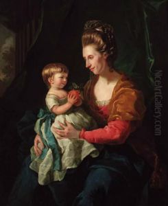 Portrait Of Elizabeth, Lady 
Pennyman, Three-quarter-length, In Ared Dress, Resting A Child On Her 
Lap Holding An Orange, A Columnbeyond by Sir Nathaniel Dance-Holland