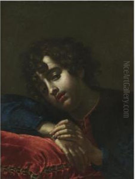 Portrait Of A Boy Leaning On A Red Velvet Cushion - view 1