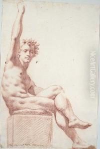 A Seated Nude Wearing A Crown Of Oak Leaves, His Right Arm Raised A Seated Nude Wearing A Crown Of Oak Leaves, His Right Arm Raised