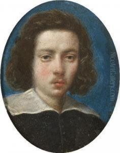 Portrait Of A Gentleman, Head
And Shoulders, Wearing Black With A White Ruff, With A Blue Background by Cesare Dandini