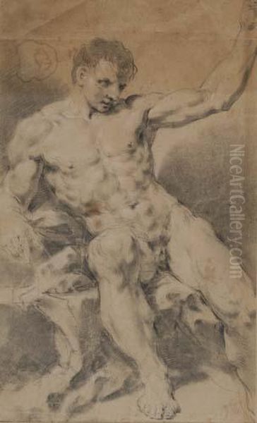 Seated Male Nude With Raised Left Arm - view 1