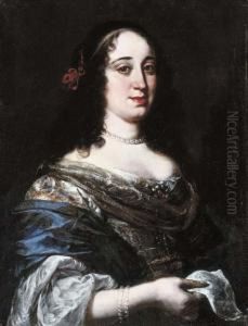 Portrait Of A Lady, Said To Be
Vittoria Della Rovere, Half-length,in A Blue And White Dress, Holding A
Sheet Of Music by Vincenzo Dandini