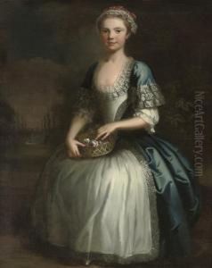 Portrait Of A Girl, Full-length,
 In A Blue Dress And Pink And White Lace Bonnet, Holding A Basket Of 
Flowers, In A Formal Garden