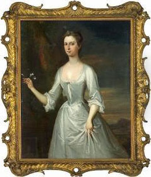 A Portrait Of A Lady, Three Quarter-length, In A White Dress, Holding A Sprig Of Flowers - view 1