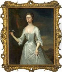 A Portrait Of A Lady, Three Quarter-length, In A White Dress, Holding A Sprig Of Flowers by Bartholomew Dandridge
