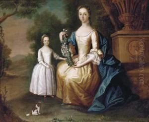 An Elegant Lady And Her Daughter By A Fountain In An Extensivelandscape
