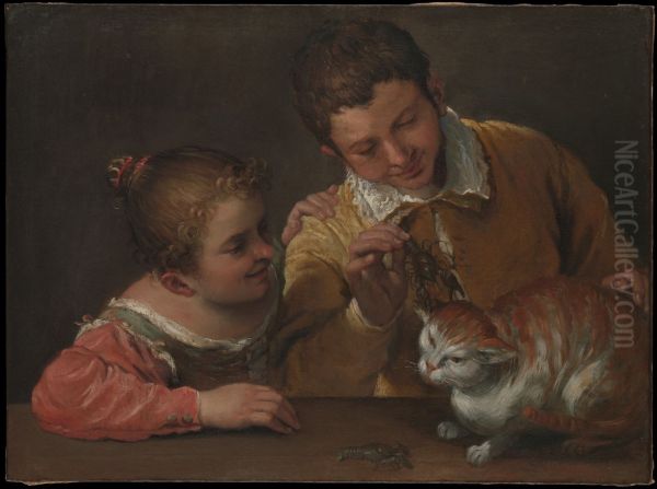 Two Children Teasing a Cat - view 1