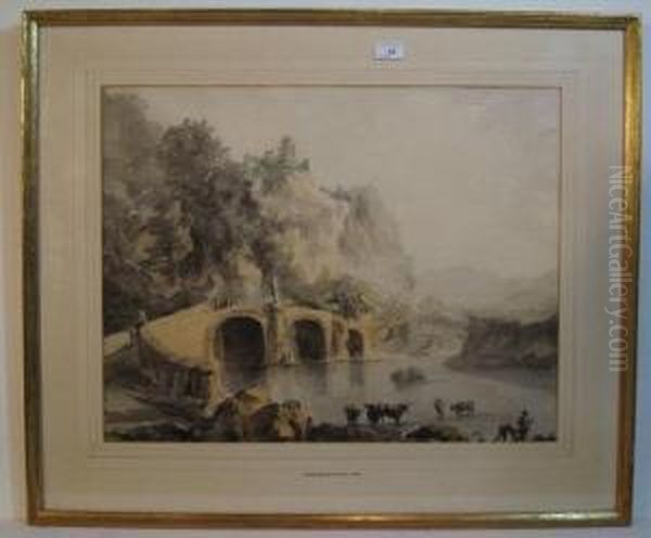 Figures Crossing A Bridge Below Castle On High With Cattle Watering - view 1