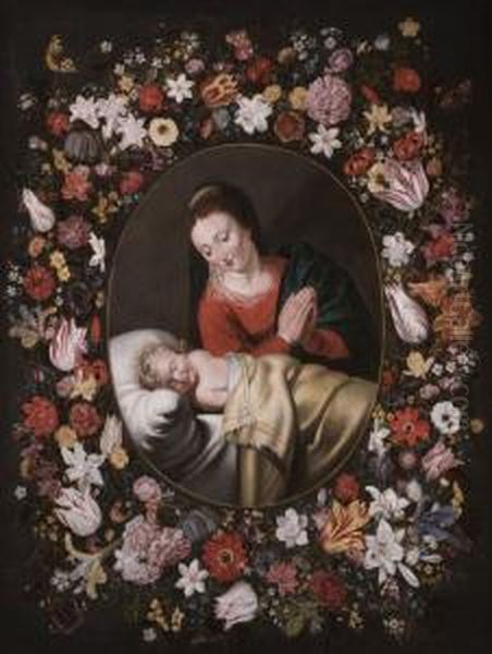 Madonna Mit Dem Schlafenden
Christusknaben In Einem Kranz Aus Rosen, Tulpen, Lilien Und Anderen
Blumen - view 1