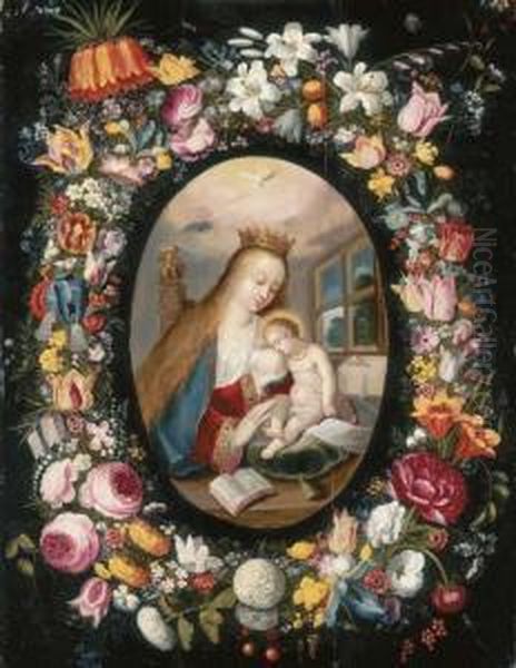 A Garland Of Flowers Surrounding A Medallion Of The Virgin Andchild - view 1