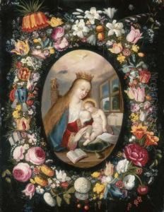 A Garland Of Flowers Surrounding A Medallion Of The Virgin Andchild by Andries Daniels or Danielsz