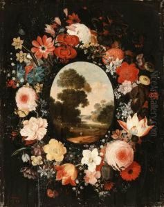 Daniels, A.
A Pastoral Landscape Surrounded By A Wreath Of Flowers by Andries Daniels or Danielsz