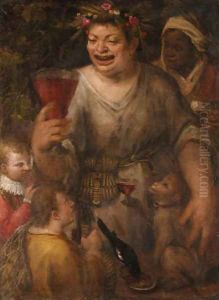 A man as Bacchus drinking wine, with two youths, a magpie, and an ape by Annibale Carracci