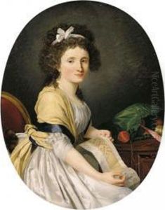 Portrait Of A Young Lady, Half Length, Seated By A Table, Holding Her Embroidery