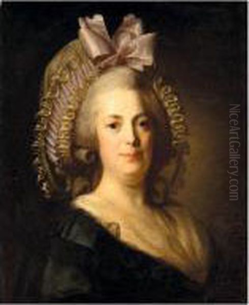 Portrait Of A Woman, Head And 
Shoulders, Wearing A Black Dress, With A White Bonnet And Pink Ribbon - view 1