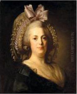 Portrait Of A Woman, Head And
Shoulders, Wearing A Black Dress, With A White Bonnet And Pink Ribbon by Henri Pierre Danloux