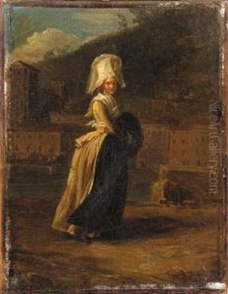 'la Coquette': A Lady Walking By
 A River, A Town Beyond; And 'latravailleuse': A Maid Sewing By A Hearth
Oil On Canvas - view 1