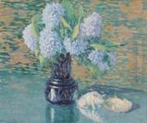 Bouquet D'hortensias, Statuette Japonaise Dans Un Decor Extreme-orient by Georges Dantu