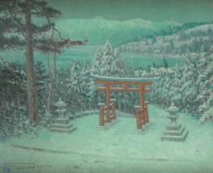 Un Jardin Sous La Neige Devant Le Lac Hakon Au Japon