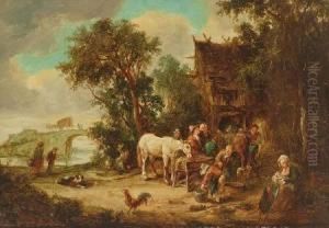 Festende Bauern Vor Einem Gehoft, Seitlich Durchblick Auf Flusslauf by Hugo Darnaut
