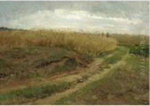 A Cornfield With Two Workers Walking Along A Path