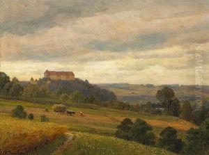 An Extensive Landscape With Figures Harvesting And A Castle Beyond