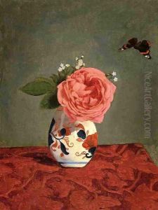 Garden Rose And Blue Forget Me Nots In A Vase