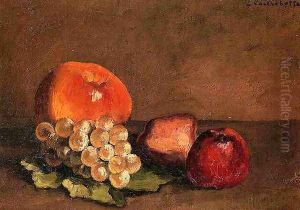 Peaches Apples And Grapes On A Vine Leaf by Gustave Caillebotte