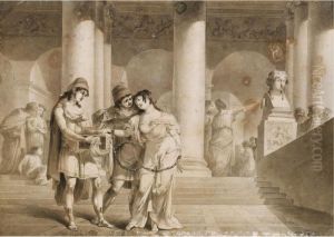 A Woman, With Her Hands Chained,
Touching A Casket Held By A Soldier, A Classical Building In The
Background A Woman, With Her Hands Chained,
Touching A Casket Held By A Soldier, A Classical Building In The
Background