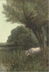 A Cow Watering At A Wooded Pool by Henry William Banks Davis, R.A.
