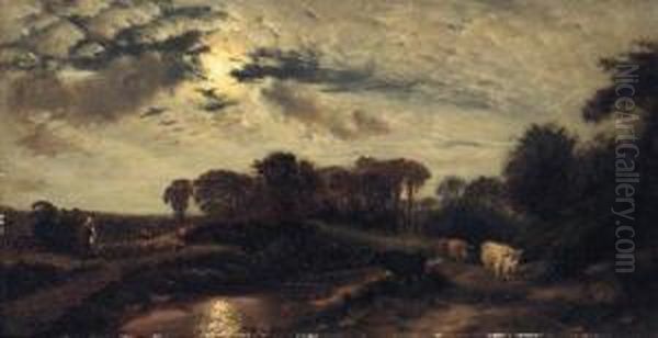 Cattle In A Moonlit River Landscape - view 1