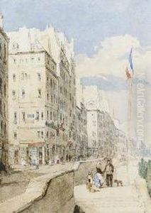 Figures And A Dog On The Quayside, Paris, Near The Pont Neuf by John Scarlett Davis