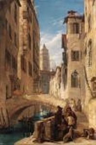 View Of A Venetian Canal With A 
Religious Procession On A Bridge,and A Monk At The Foot Of The Steps