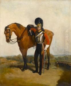 An Officer Of The 2nd Life 
Guards In Full Dress With His Horse, Windsor Castle In The Background