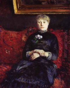 Woman Sitting on a Red-Flowered Sofa by Gustave Caillebotte