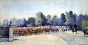 Troops At The Gates Of
Buckingham Palace, Queen Victorias Jubilee, Signed, 7.25 X 13.75 Ins by Nora Davison
