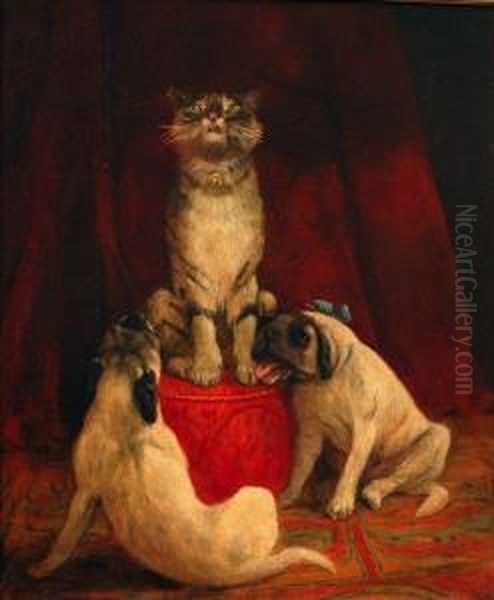 Top Cat, Scene Depicting A Cat On A Red Pouffe With Two Pug Dogs Below - view 1