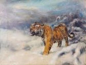 A Study Ofa Tiger In Snowy Mountainous Landscape by Thomas C. S. Benham