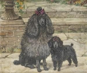 Portrait Of Two Black Miniature Poodles by Thomas C. S. Benham
