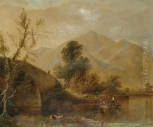 Figures Rowing On A Lake, A Mountainous Landscape Beyond