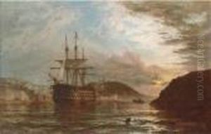 A Three-decker Lying In The River At Dusk by Henry Thomas Dawson