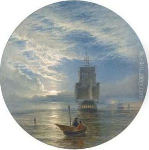 A Frigate Becalmed Off A Port By Moonlight by Henry Thomas Dawson