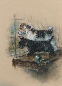The Look Out - A Wire Fox Terrier And A Scottie By A Window by Lucy Dawson