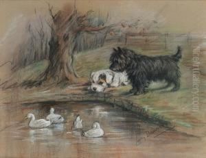 Out Of Reach - A Sealyham Puppy And A Scottie By A Duck Pond by Lucy Dawson