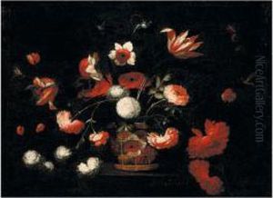 Still Life Of Various Flowers In A Basket On A Stone Ledge