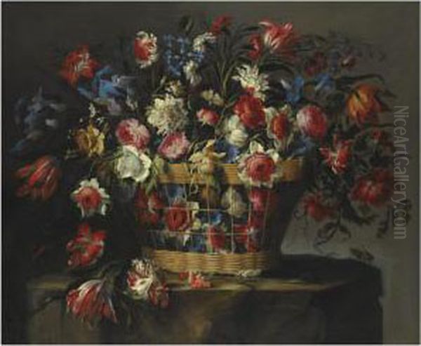 A Still Life With Carnations, 
Parrot Tulips, Roses, Iris,daffodils, Morning Glory And Lillies Of The 
Valley, All In A Basketover A Stone Ledge With Grasshoppers And A 
Butterfly - view 1