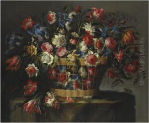 A Still Life With Carnations,
Parrot Tulips, Roses, Iris,daffodils, Morning Glory And Lillies Of The
Valley, All In A Basketover A Stone Ledge With Grasshoppers And A
Butterfly by Juan De Arellano